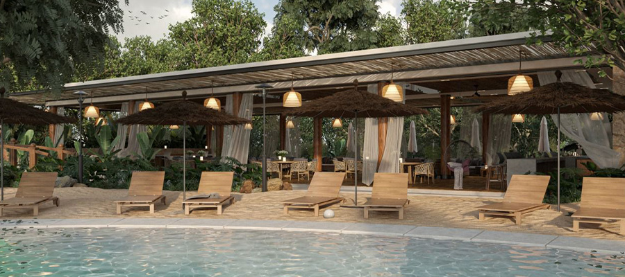 Playa artificial y restaurante